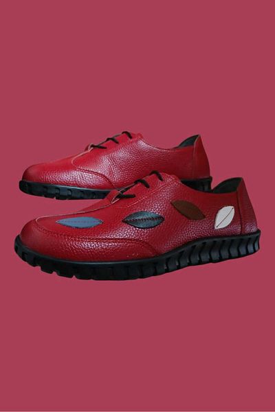 oktay kundura Original Leather Women's Ballerina Red Leaf Model Shoes
