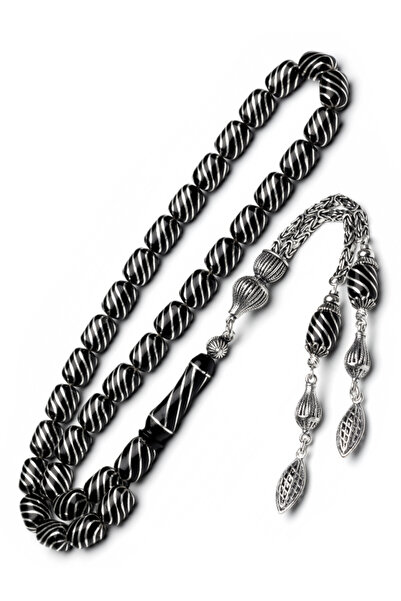 EHİNOS Sertifikalı 8'li Yarma Gümüş İşlemeli 8x11mm Erzurum Oltu Tesbih