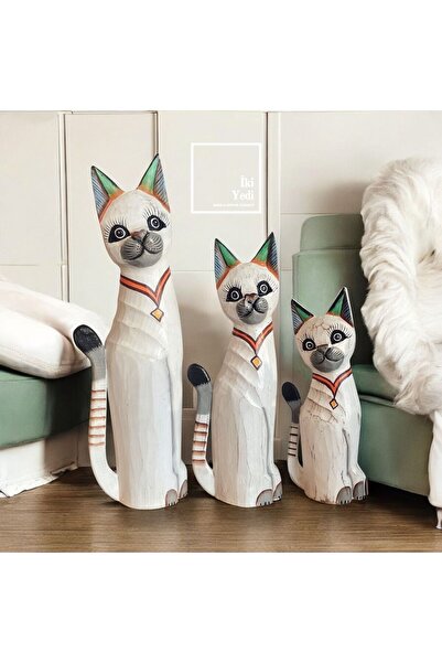 77 Tizzy 50 cm 3’lü Ahşap Kedi Figürü Takımı El Yapımı Otantik Dekoratif Obje...