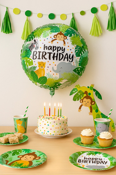 Genel Markalar 🦒 Safari Hayvanlar Temalı Yuvarlak Folyo Balon – 18 İnç – Happy Birthday Yazılı