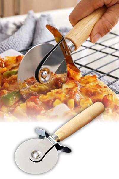 omilife مقص بيتزا بمقبض خشبي، شفرة دائرية من الفولاذ المقاوم للصدأ، جهاز تقطي...