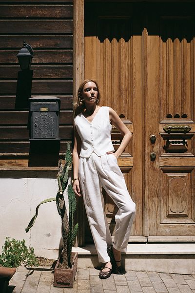 Sateen Casual Linen Trousers - Ecru