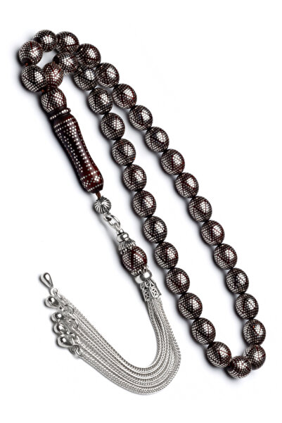 EHİNOS Erkek Gümüş Püksül 8x10mm Yoğun Gümüş İşlemeli Kuka Tesbih