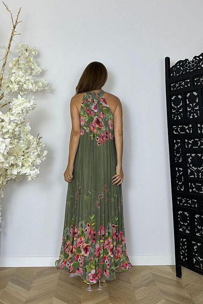 gesmoda G1475 Halter Neck Pleated Chiffon Dress Khaki