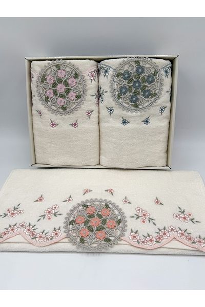 AYHANHOME 3 Pieces Velvet Luxury French Guipure Embroidered Boxed Dowry 50X90 Hand and Face Towels