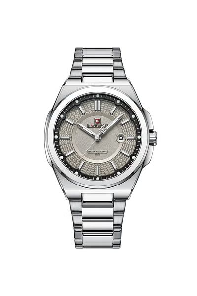 Naviforce Men Silver Stainless Steel Watch with Gray Textured Dial Elegant Analog Wristwatch