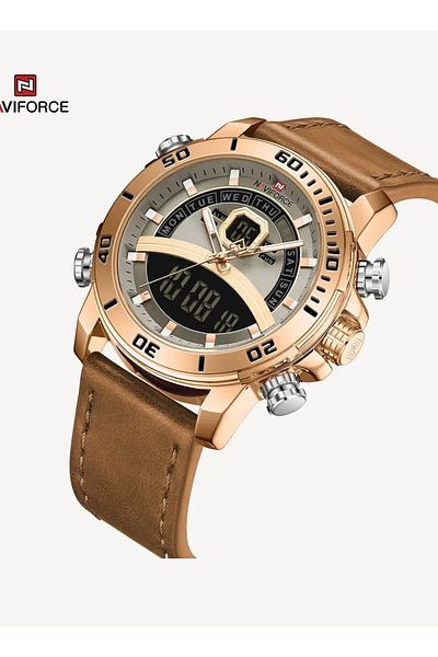 Naviforce Mens Gold Dial Leather Strap Quartz Digital Analog Watch