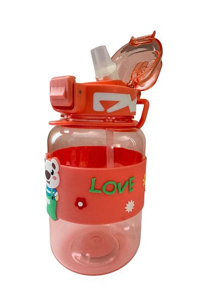 Polin Tritran Children's Water Bottle, Cute Teddy Bear Pattern, Strap, Straw, 800ml