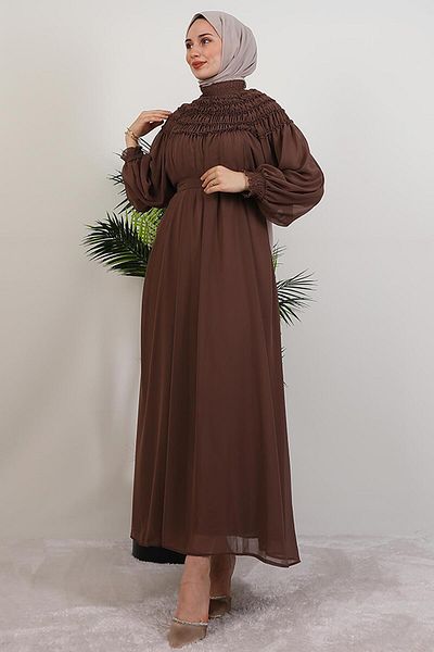 GİYZAMİLA Gipe Detail Chiffon Dress Brown