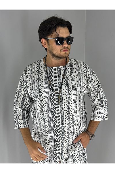 MARESHAL Printed Ethnic Pattern Linen 100% Cotton T-Shirt(White)