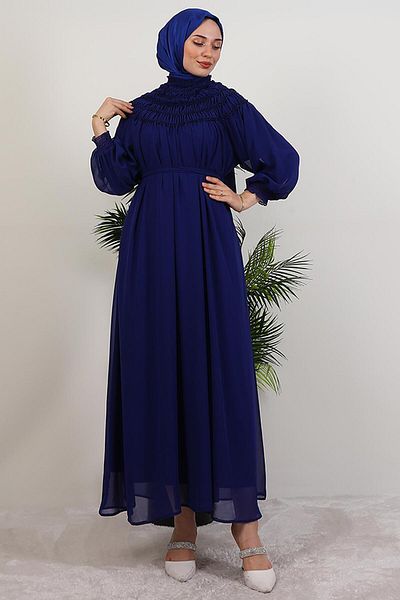 GİYZAMİLA Gipe Detail Chiffon Dress Midnight Blue