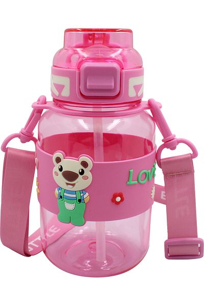 Polin Tritran Children's Water Bottle, Cute Teddy Bear Pattern, Strap, Straw, 800ml