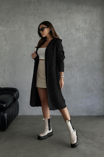 nosia fashion Hooded Textured Cotton Belted Black Color Knitwear Cardigan