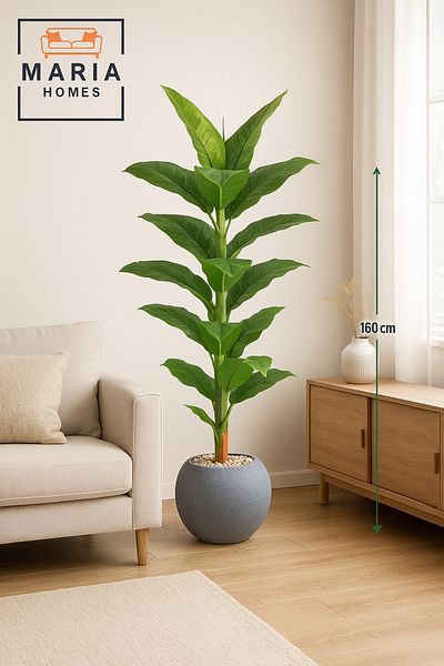 MARIA HOMES Artificial Banana Leaf Tree 160 cm – Decorative Indoor Plant with light Gray Pot