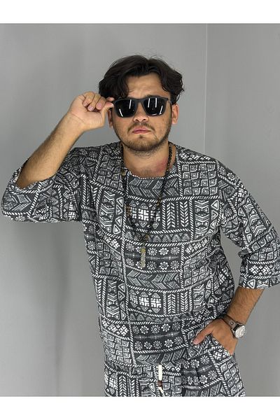 MARESHAL Printed Ethnic Pattern Linen 100% Cotton T-Shirt(Black)