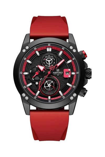 Naviforce Stylish Mens Chronograph Watch with Black Dial Red Silicone Strap Multifunctional Stopwatch