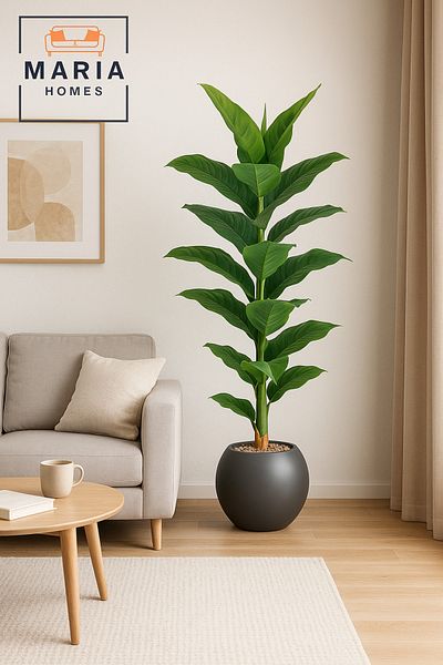 MARIA HOMES Artificial Banana Leaf Tree 160 cm – Decorative Indoor Plant with Gray Pot