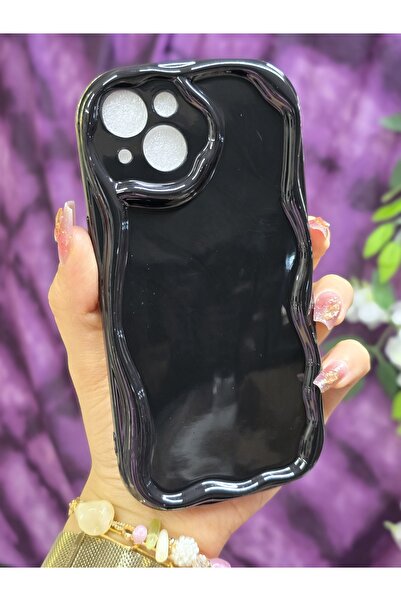 Magic Ring iPhone 13 / 14 Uyumlu 3D Dalga Kenarlı Siyah Telefon Kılıfı