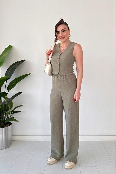 MaziButik Vest Seersucker Suit Khaki
