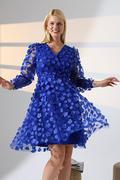 Fasmia SAKS PAPATYALI TÜL KRUVAZE YAKA ELBİSE