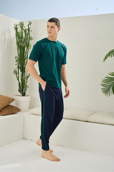 KLY PİJAMA Kly 2095 Men's Cotton O-Neck Leg Elastic Sports Pajamas Suit
