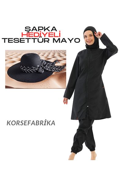 KORSEFABRİKA Full Closed Jumbo Size Women's Tesettür Water Thrower Quick Drying Parachute Swimsuit Suit and Hat