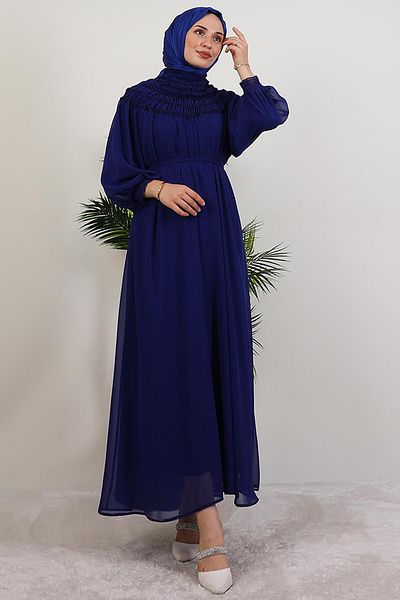 GİYZAMİLA Gipe Detail Chiffon Dress Midnight Blue