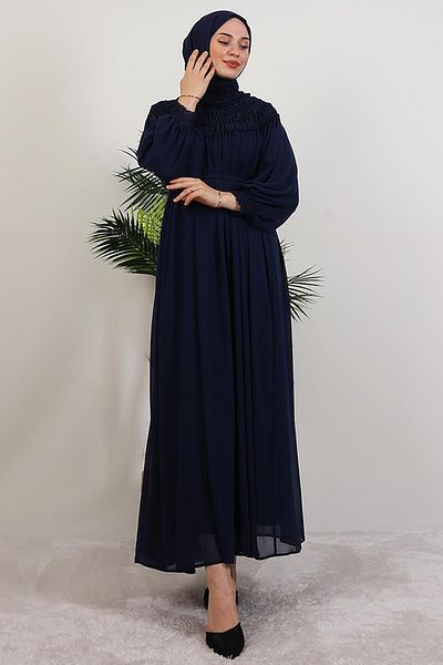GİYZAMİLA Gipe Detail Chiffon Dress Navy Blue