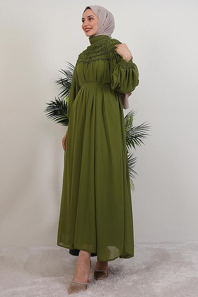 GİYZAMİLA Gipe Detail Chiffon Dress Fat Green