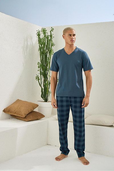 KLY PİJAMA Kly 2208 Men's 100% Cotton V-Neck Half Sleeve Battal Plus Size Plaid Pajamas Suit