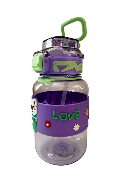 Polin Tritran Children's Water Bottle, Cute Teddy Bear Pattern, Strap, Straw, 800ml