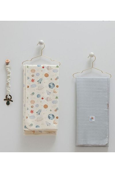 Caramell İncibaby 100% Cotton Premium Baby Boy 3-Piece Cotton Blanket & Muslin Blanket & Pacifier Strap Set