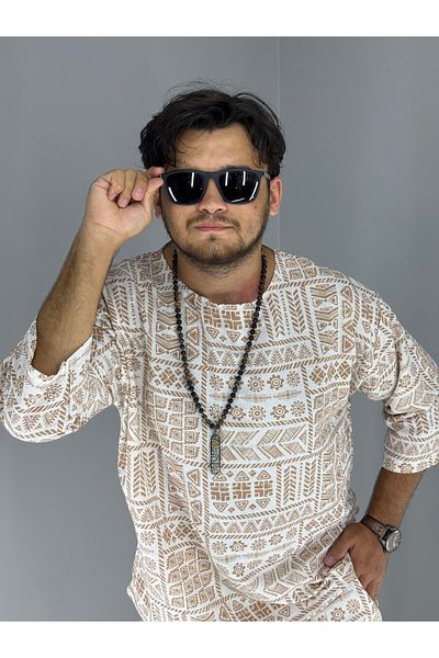 MARESHAL Printed Ethnic Pattern Linen 100% Cotton T-Shirt(Beige)