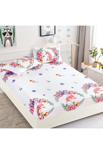 FIONNA.RO Elasticated Duvet Cover and Pillowcases Made of Finet 180x200cm - Unicorns and Flowers