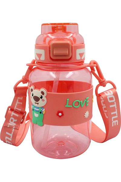 Polin Tritran Children's Water Bottle, Cute Teddy Bear Pattern, Strap, Straw, 800ml