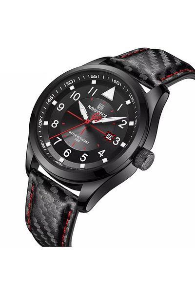 Naviforce Men's Black Dial Leather Strap Quartz Analog Wristwatch Water Resistant 30M for Casual and Formal