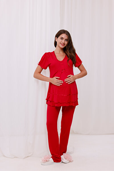 Yulem Homewear Cherry Ribbon Detailed Design Maternity Maternity Pajama Set with Breastfeeding Feature