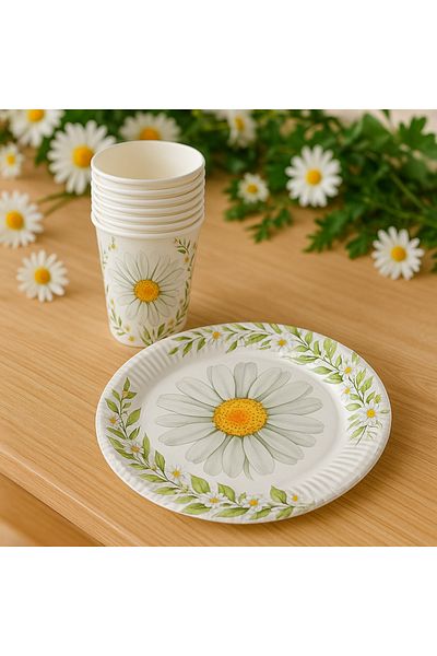 Partifabrik Daisy Themed White Cardboard Plate Cup Set 8 Plates 8 Cups