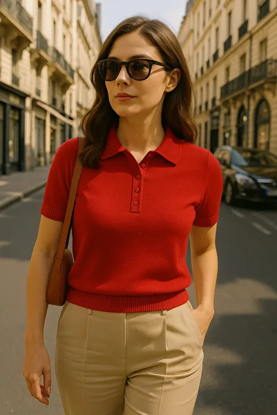 Zenea Polo Neck Short Sleeve Red Women's Knitwear T-Shirt