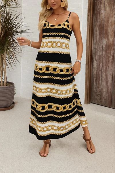 nedo7 Women's Patterned Single Jersey Dress with Wide V-Neck and Rope Strap