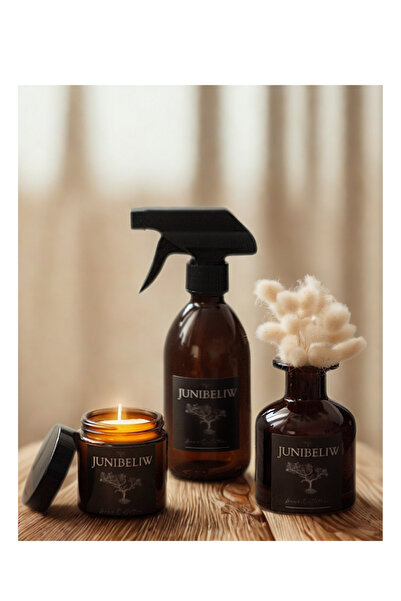 junibeliw 3lü Set Cam Şişe Boş Kolonya Oda Kokusu Spreyi 250ml+ Amber Mum 100...