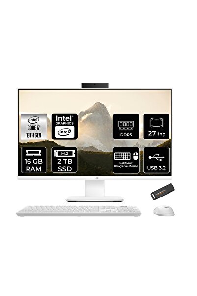 ASUS V470 i7 13620H 16GB 2TB SSD 27" FHD 100Hz FDOS All in One Bilgisayar Beyaz & PER4 USB Bellek