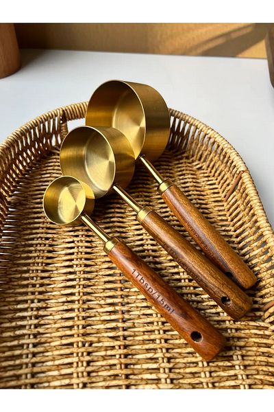 Wolawood Gold Metal 3-Piece Measuring Spoon Set Pinterest Style Natural Wooden Handle Special Trend Presentation Kitchen Set