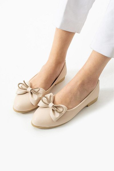 SWORD Ribbon Stone Detailed Ballerina Shoes | Bow Mother Shoes |   Casual Shoes - Skin Ballerina