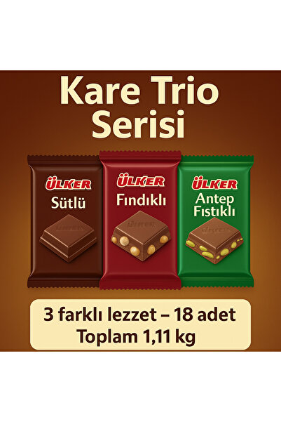 Ülker Kare Trio Serisi – Sütlü, Fındıklı ve Antep Fıstıklı 3’lü Lezzet Paketi (Toplam 1.11kg)