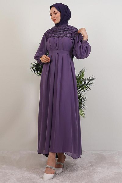 GİYZAMİLA Gipe Detail Chiffon Dress Dark Lilac