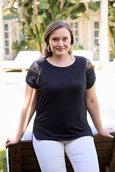 Butik Ayseba Women's Black Shoulder Tulle Detailed Stoned Short Sleeve Plus Size T-Shirt