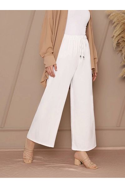 nedo7 Lace Detailed Wide Leg Elastic Waist Trousers -White