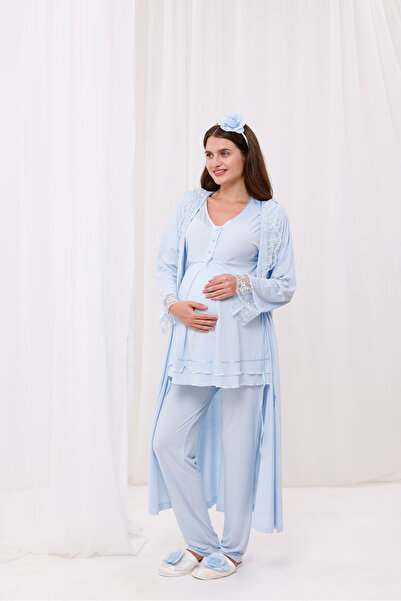 Yulem Homewear مجموعة بيجامات مكونة من 3 قطع بتصميم مفصل من الدانتيل الأزرق ب...