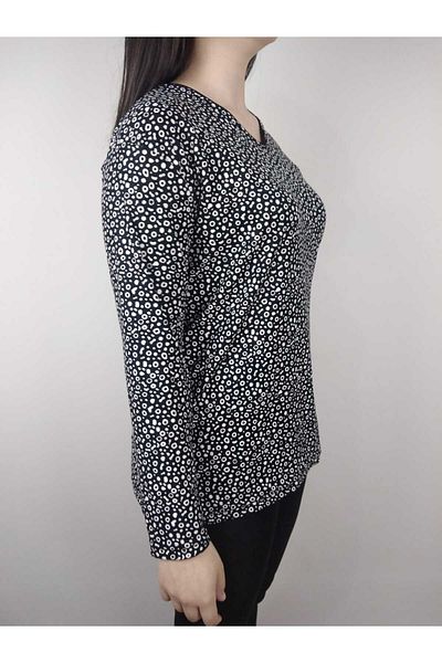 YAŞAR TRİKO Women's Black White U Neck Long Sleeve Patterned Slit Woven Suede Mother Combed Cotton T-Shirt
